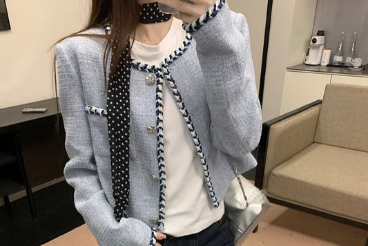 Round Neck Contrast Trim Tweed Crop Button Jacket