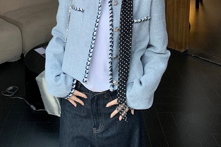 Round Neck Contrast Trim Tweed Crop Button Jacket