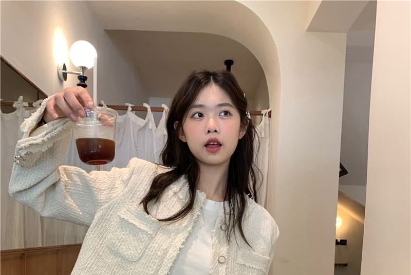 Round Neck Plain Tweed Button Jacket
