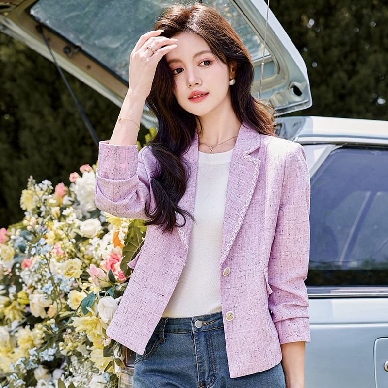 Lapel Collared Tweed Single Breasted Blazer