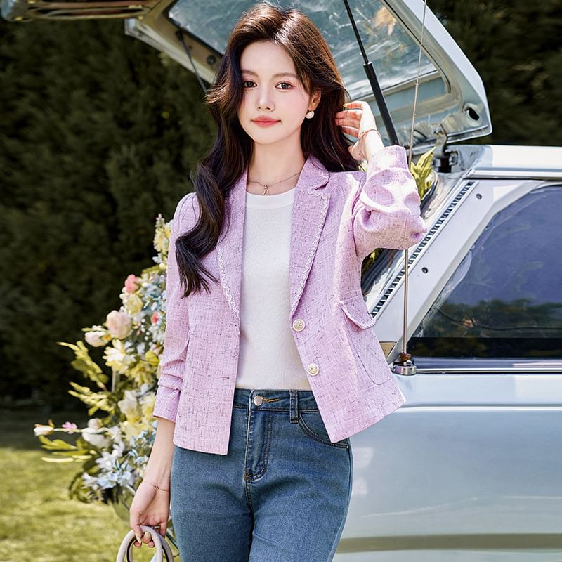 Lapel Collared Tweed Single Breasted Blazer