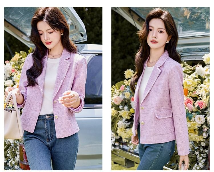 Lapel Collared Tweed Single Breasted Blazer