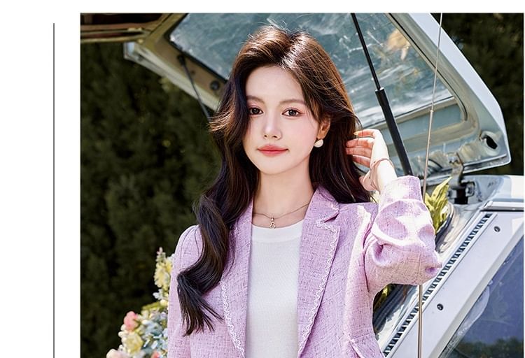 Lapel Collared Tweed Single Breasted Blazer