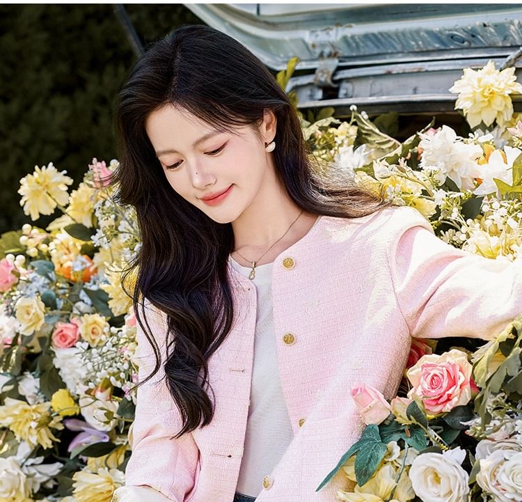 Round Neck Plain Tweed Cropped Button Jacket