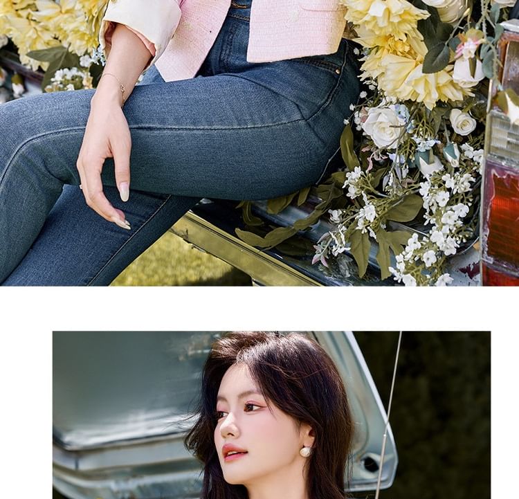 Round Neck Plain Tweed Cropped Button Jacket