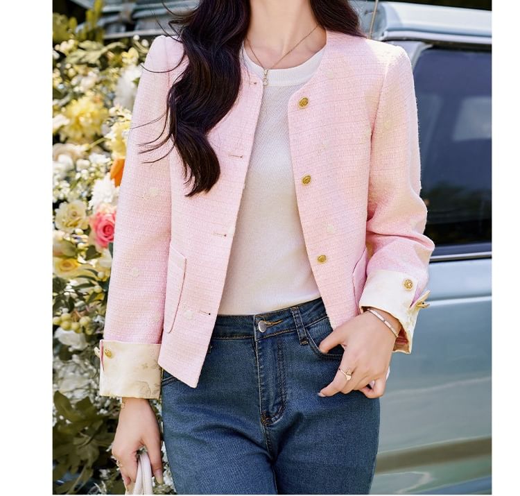 Round Neck Plain Tweed Cropped Button Jacket