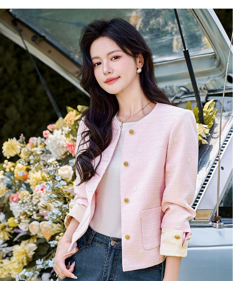 Round Neck Plain Tweed Cropped Button Jacket