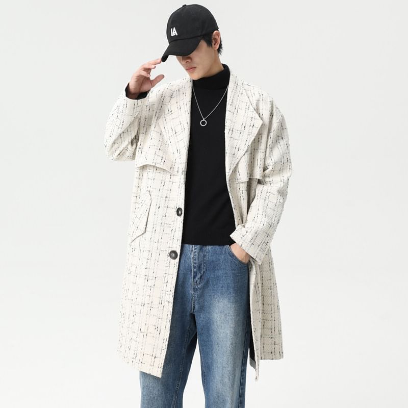 Collared Tweed Button-Up Long Coat