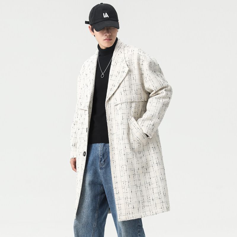Collared Tweed Button-Up Long Coat