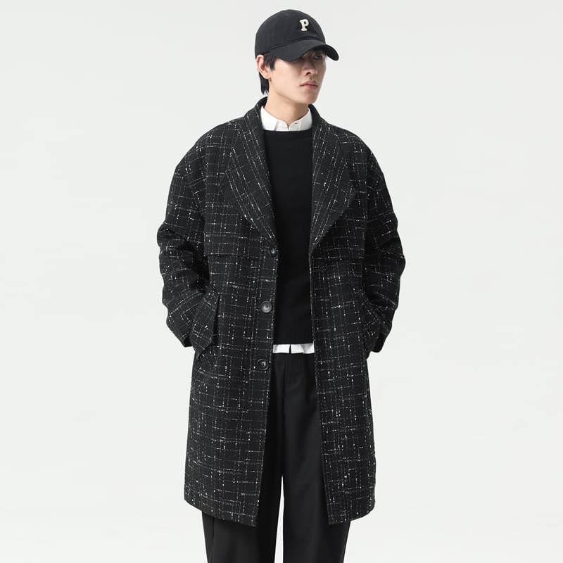 Collared Tweed Button-Up Long Coat