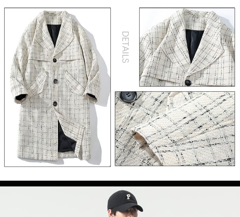 Collared Tweed Button-Up Long Coat