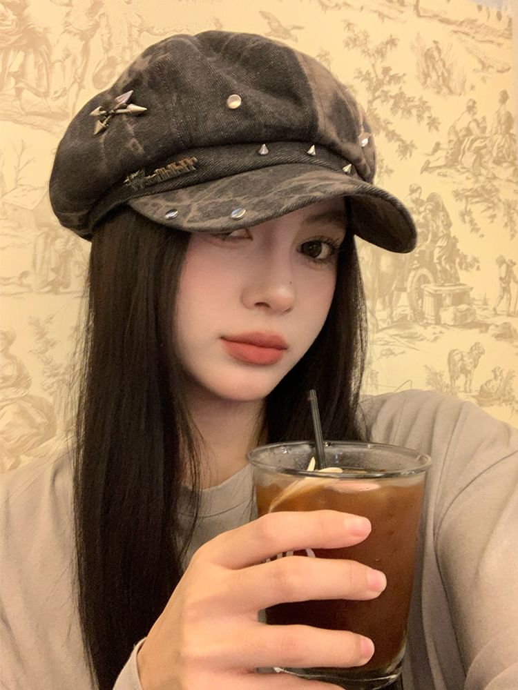 Applique Star Cap Newsboy Denim Studded