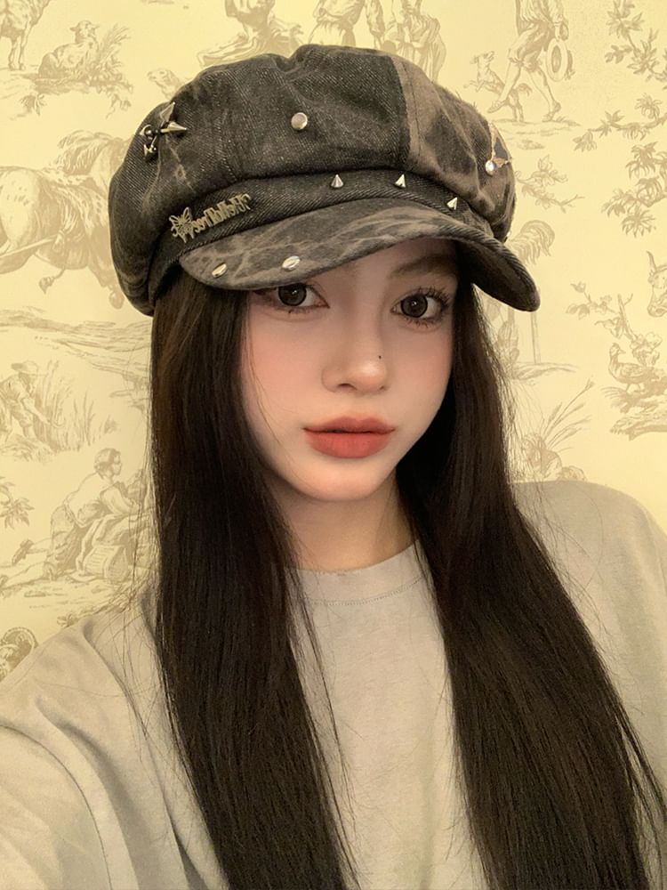 Applique Star Cap Newsboy Denim Studded