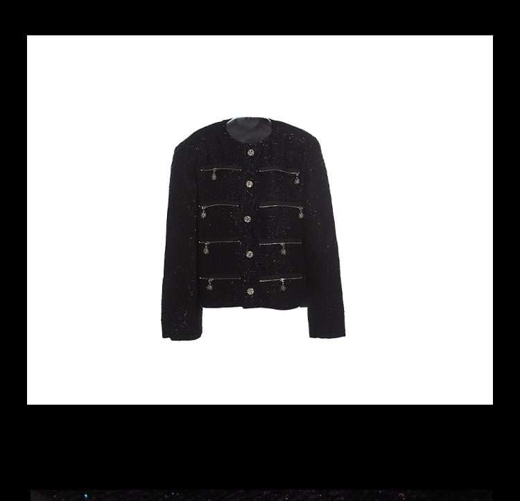 Round Neck Zip Detail Tweed Button Jacket