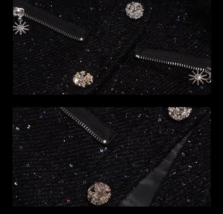 Round Neck Zip Detail Tweed Button Jacket