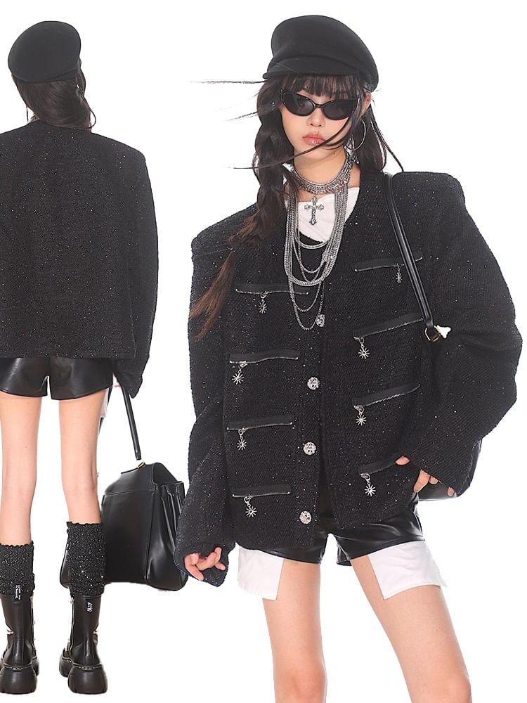 Round Neck Zip Detail Tweed Button Jacket