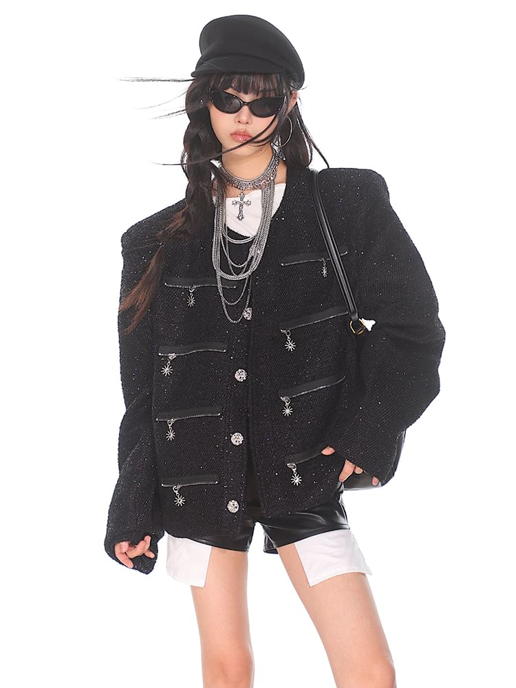 Round Neck Zip Detail Tweed Button Jacket