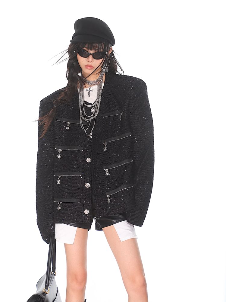 Round Neck Zip Detail Tweed Button Jacket