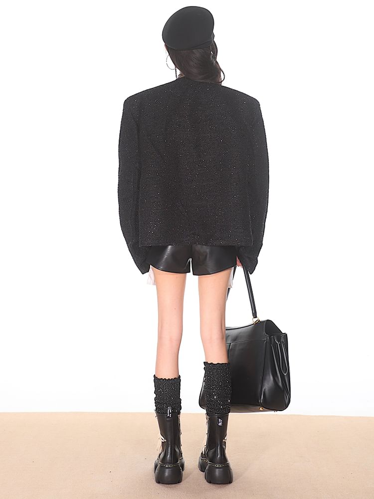 Round Neck Zip Detail Tweed Button Jacket