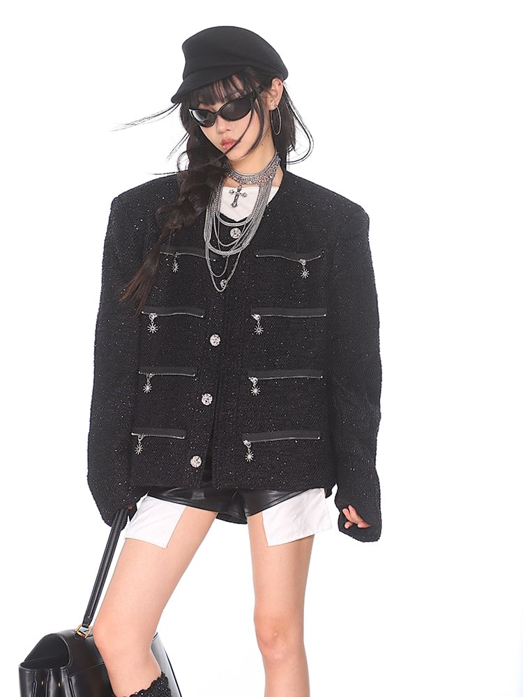 Round Neck Zip Detail Tweed Button Jacket