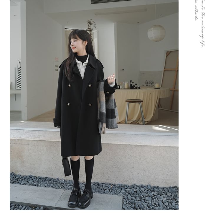 Plain Long Double-Breasted Coat