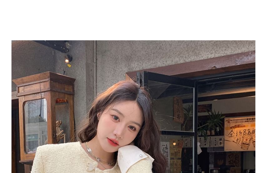 Plain Applique Tweed Single-Breasted Jacket