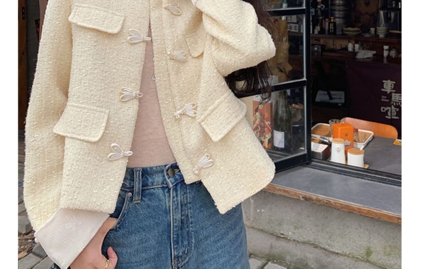 Plain Applique Tweed Single-Breasted Jacket