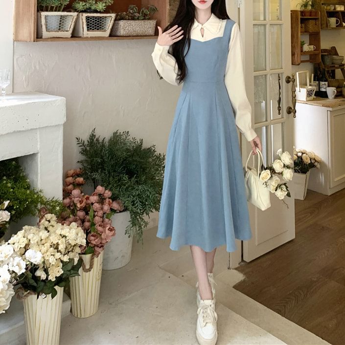 Tone Two-Piece Two Midi Long-Sleeve Mock Dress A-Line