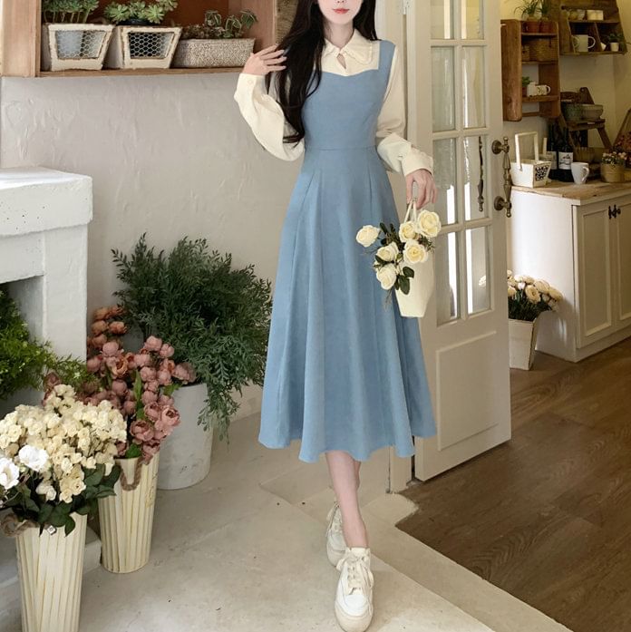 Tone Two-Piece Two Midi Long-Sleeve Mock Dress A-Line