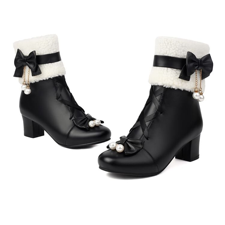 Chunky Boots Panel Heel Fleece Bow Short
