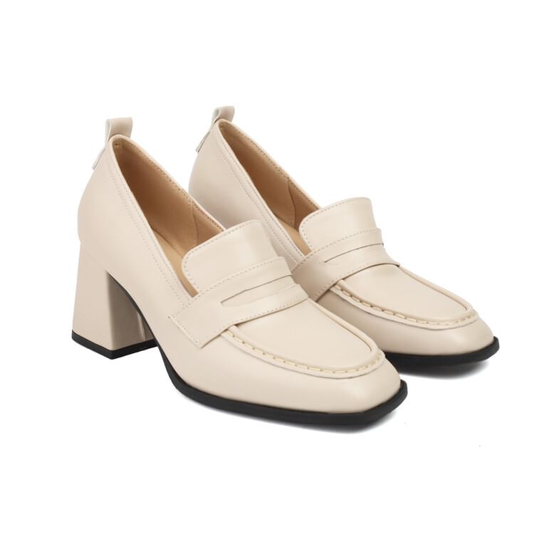 Faux Loafers Chunky Leather Heel Penny