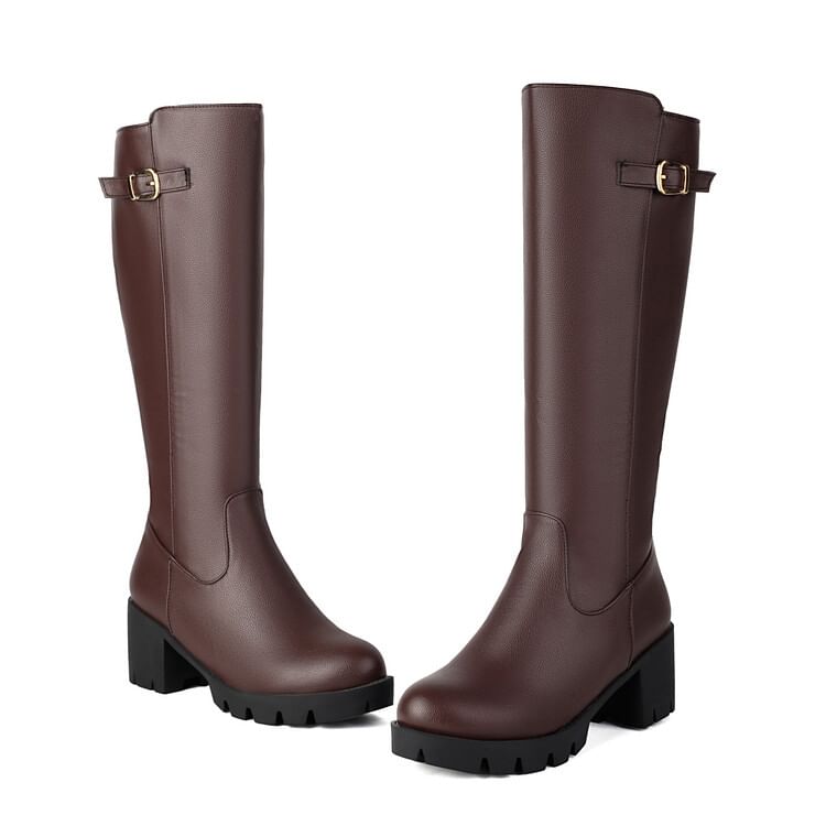 Heel Tall Buckled Boots Chunky