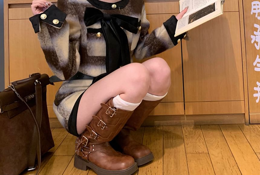 Trim / Bow Crop Contrast Accent Crew Skirt Jacket Rise Button-Up High Plaid Pencil Mini Neck