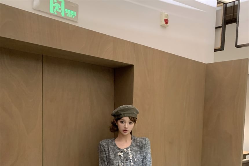 Set: Crew Neck Button-Up Tweed Crop Jacket + High Waist Wide Leg Pants