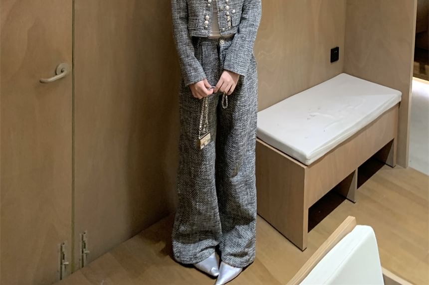 Set: Crew Neck Button-Up Tweed Crop Jacket + High Waist Wide Leg Pants