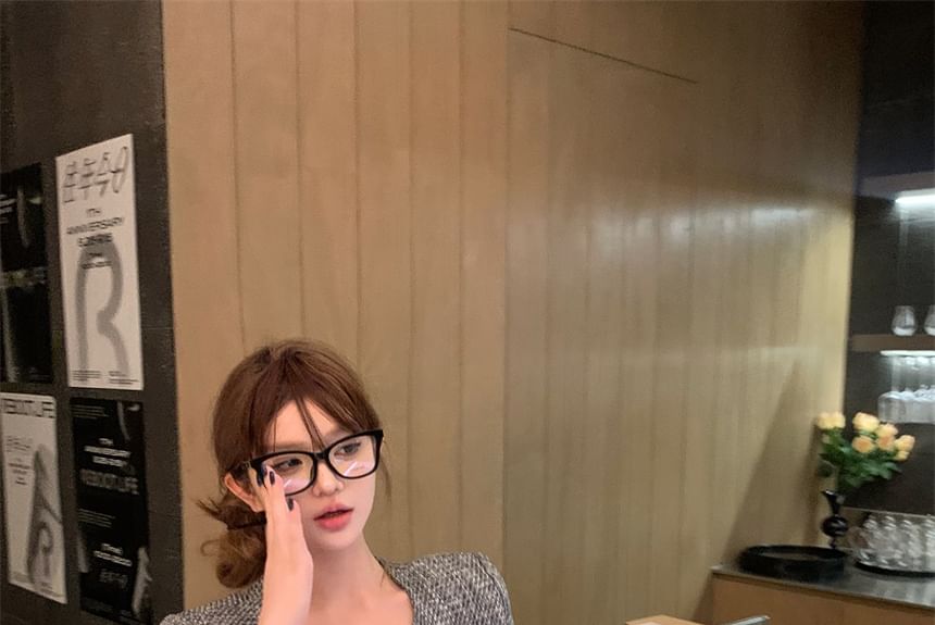 Set: Crew Neck Button-Up Tweed Crop Jacket + High Waist Wide Leg Pants