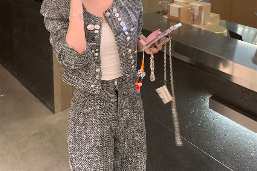 Set: Crew Neck Button-Up Tweed Crop Jacket + High Waist Wide Leg Pants