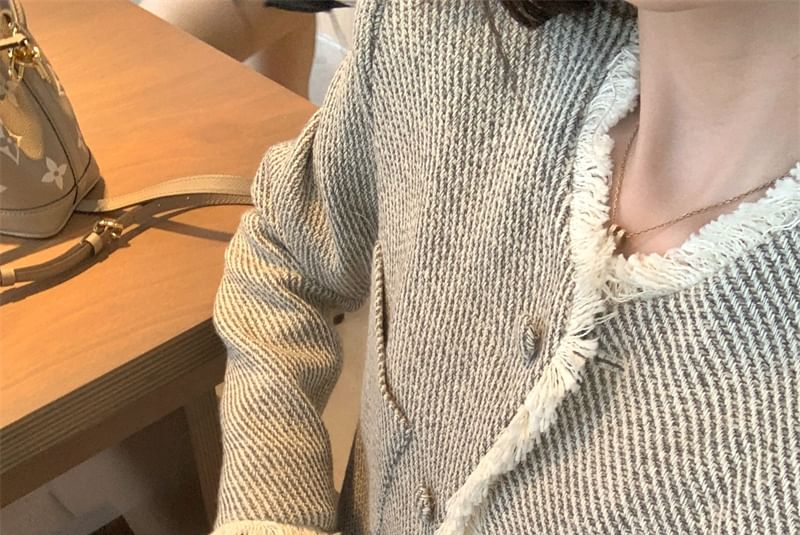 Crew Neck Frayed Button-Up Tweed Jacket / High Waist Washed Wide Leg Jeans