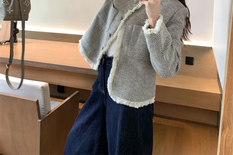 Crew Neck Frayed Button-Up Tweed Jacket / High Waist Washed Wide Leg Jeans