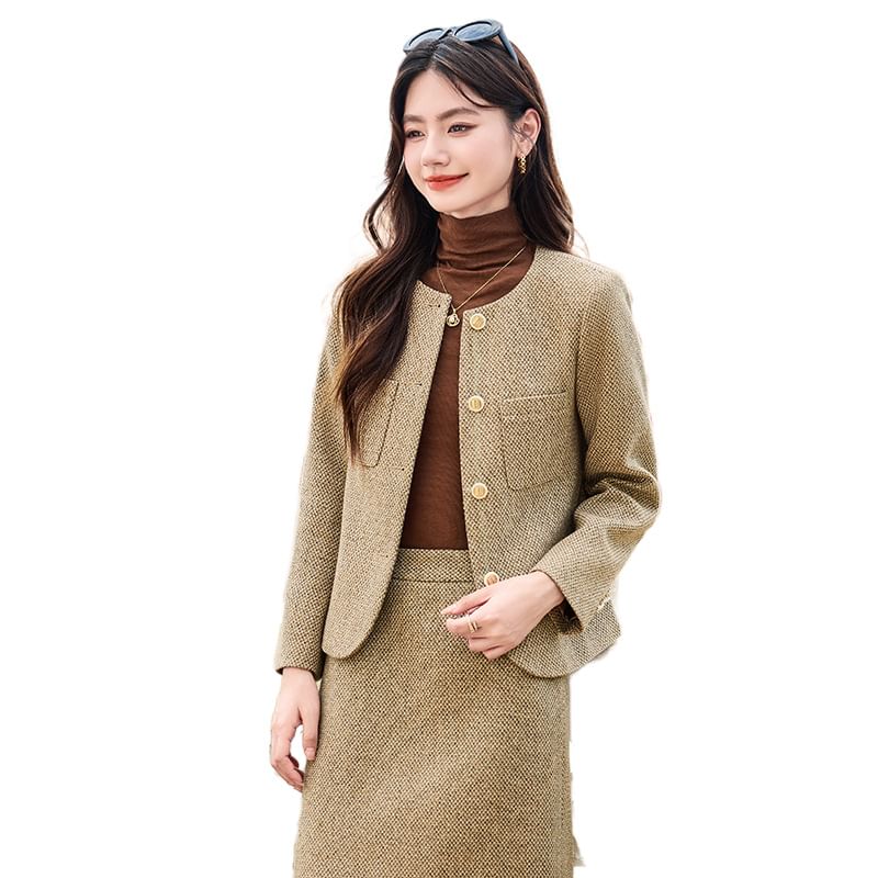 Button-Up Tweed Jacket / High Waist Maxi Skirt / Set