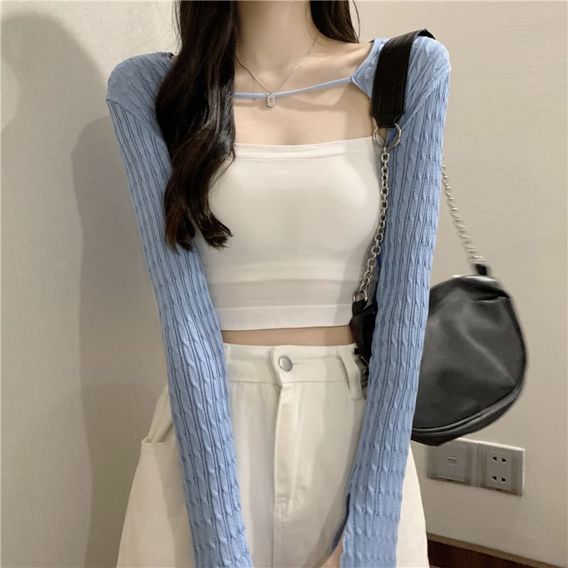 Cable Knit Cropped Solid Cardigan