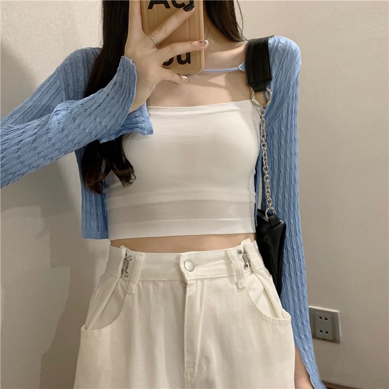 Cable Knit Cropped Solid Cardigan