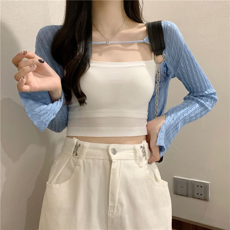 Cable Knit Cropped Solid Cardigan