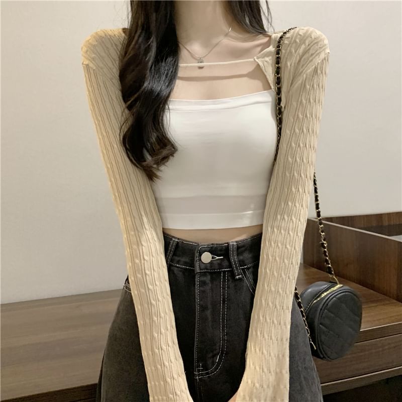 Cable Knit Cropped Solid Cardigan