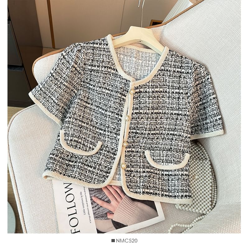 Short-Sleeve Round-Neck Tweed Jacket in 6 Colors