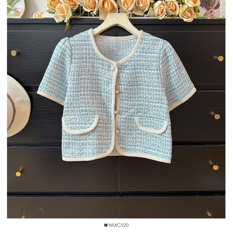 Short-Sleeve Round-Neck Tweed Jacket in 6 Colors