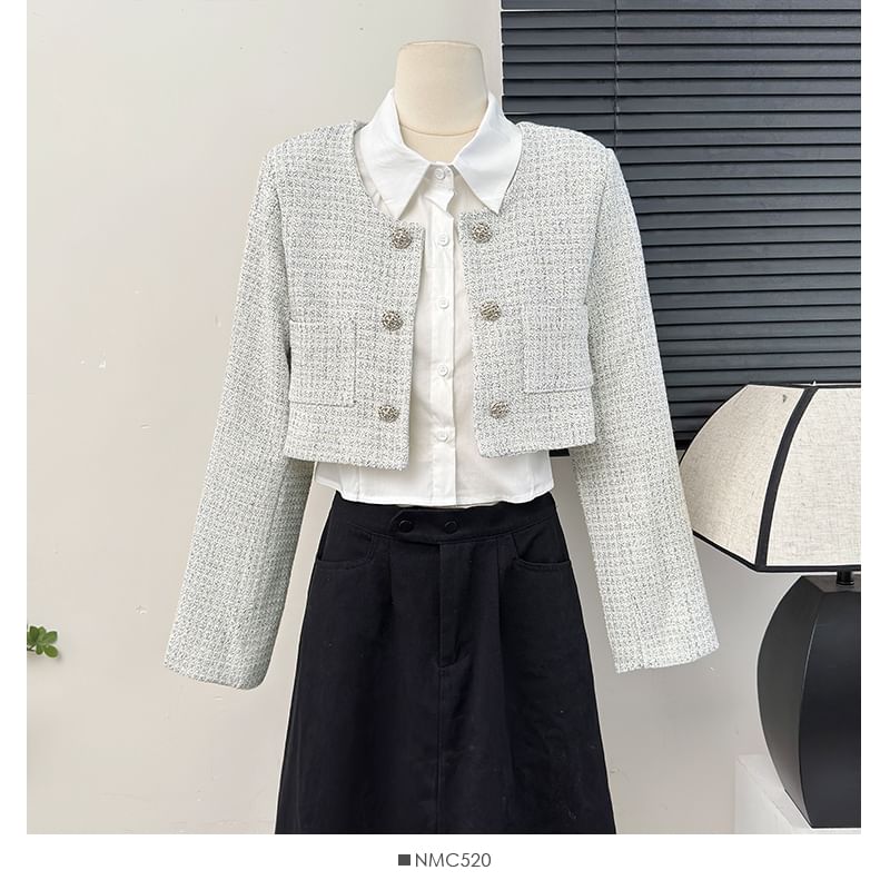 Set: Square-Neck Tweed Jacket + Sleeveless Crop Shirt