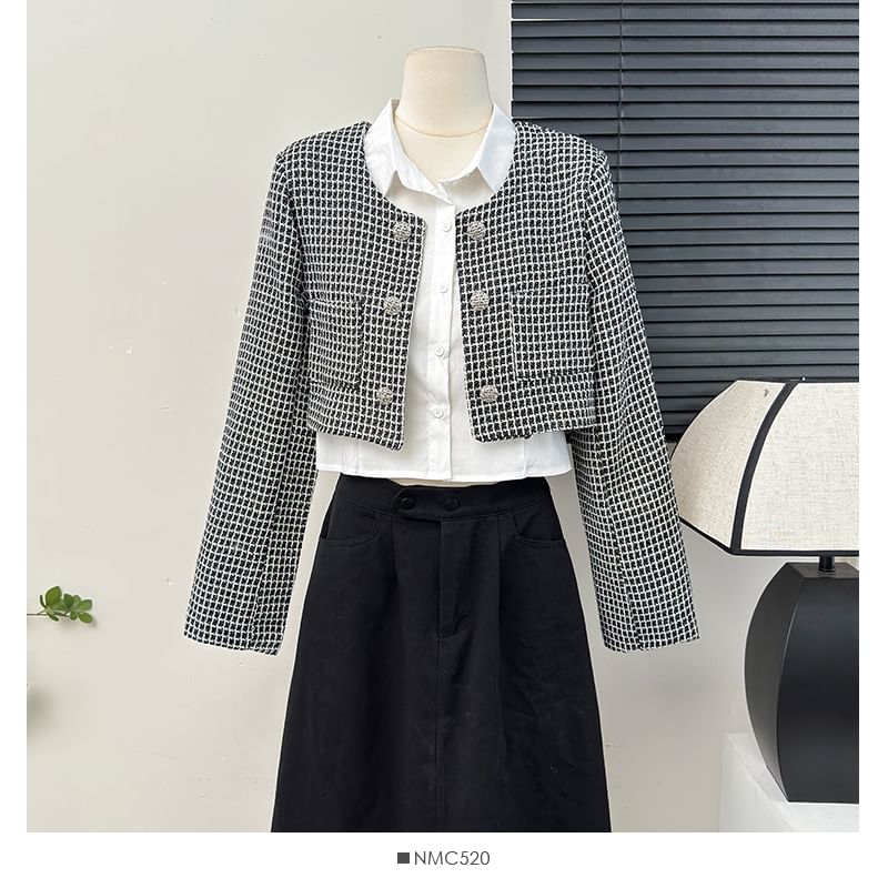 Set: Square-Neck Tweed Jacket + Sleeveless Crop Shirt