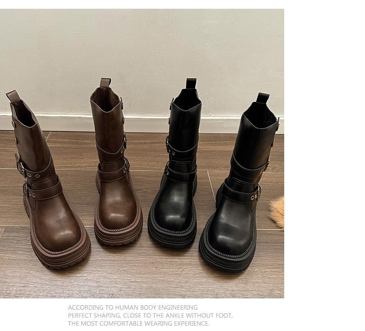 Faux Leather Short Boots Plain Buckled Platform