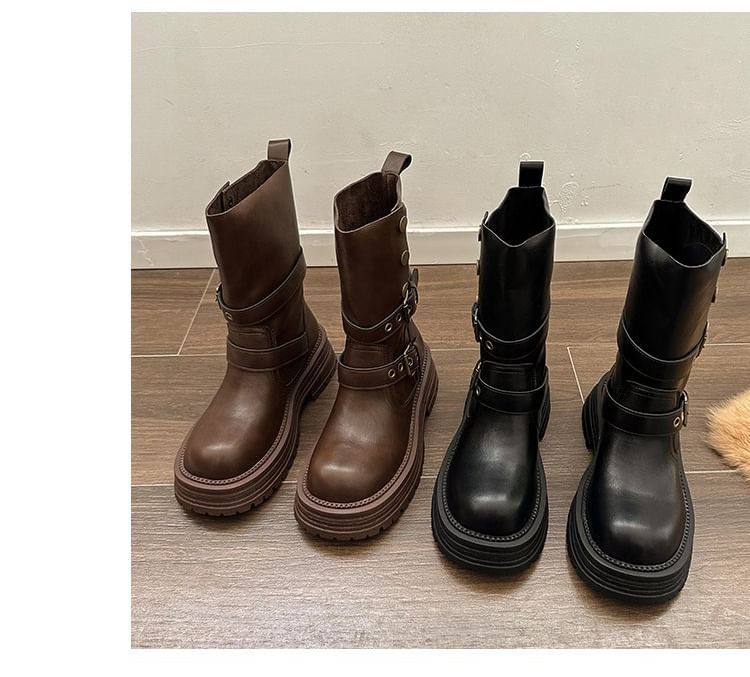 Faux Leather Short Boots Plain Buckled Platform